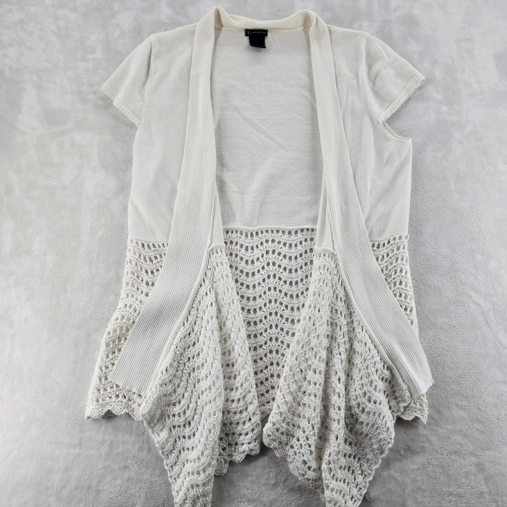 New Directions Cardigan L White Short Sleeve Crochet Open Front Cotton Sweater